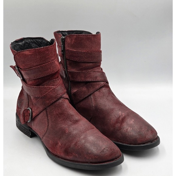 Børn Shoes - Born McMillan Womens 8M Red Distressed Leather Moto Ankle Boots Buckle